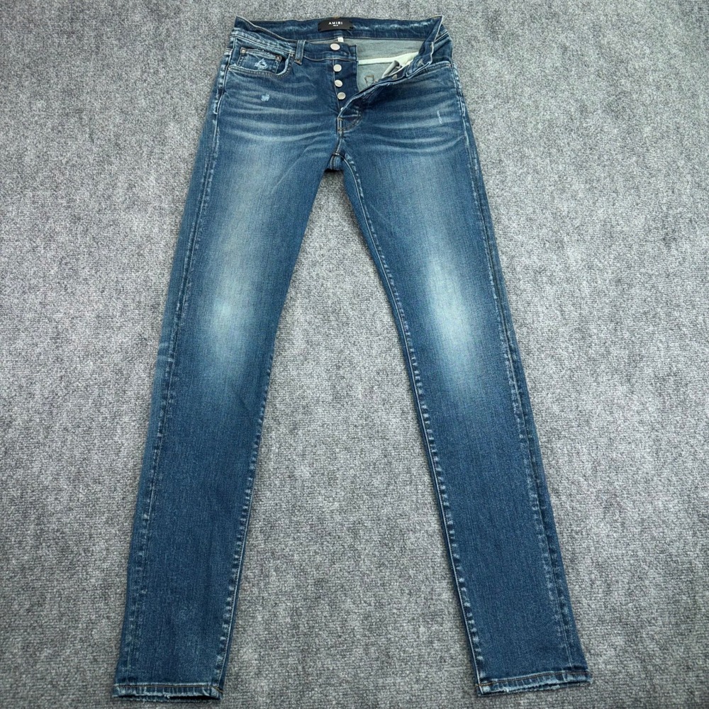 AMIRI Jeans Mens 31 (Fits 30x33) Blue Skinny Button Fly Distressed Stretch USA